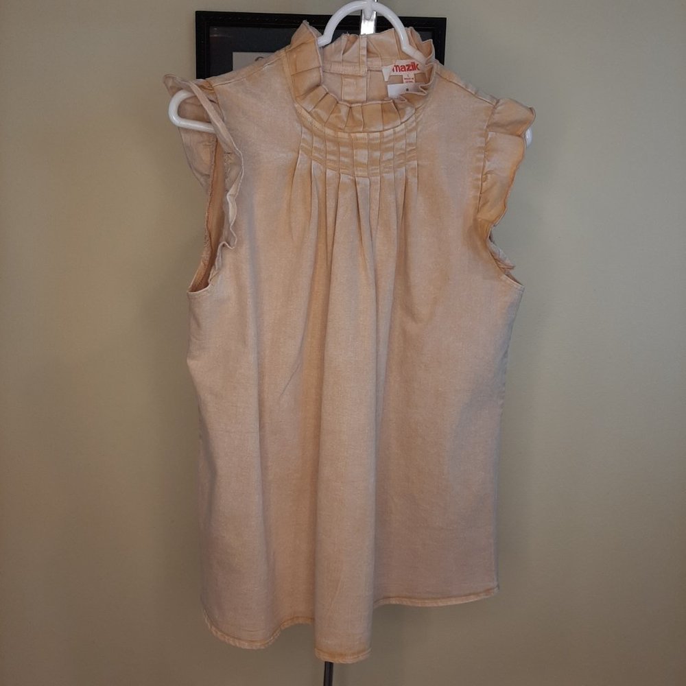 Brand New Boutique MAZIK Distressed Gold Wash Denim Ruffle Top L